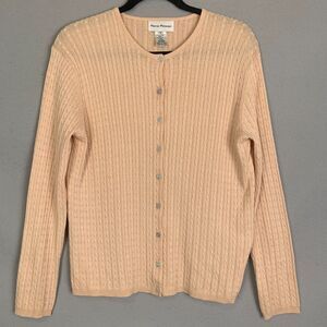 Vintage Rena Rowan Cable Knit Cardigan Peach Size Large Classic Cozy Sweater